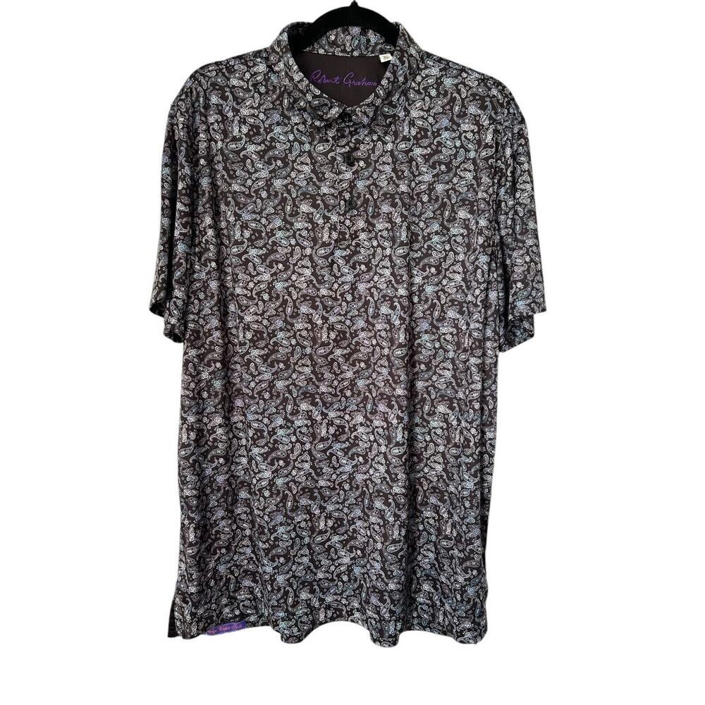 Robert Graham Shirt Mens Size XL Blue Paisley Short Sleeve Classic Fit Popover